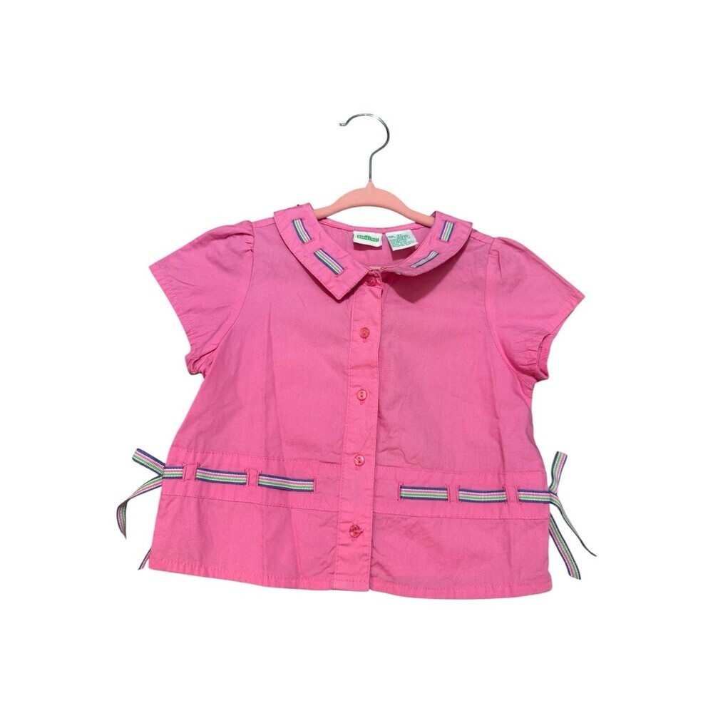 Vintage Y2K Sesame Street Girls Pink Ribbon Tie Button Up Top Shirt 3T